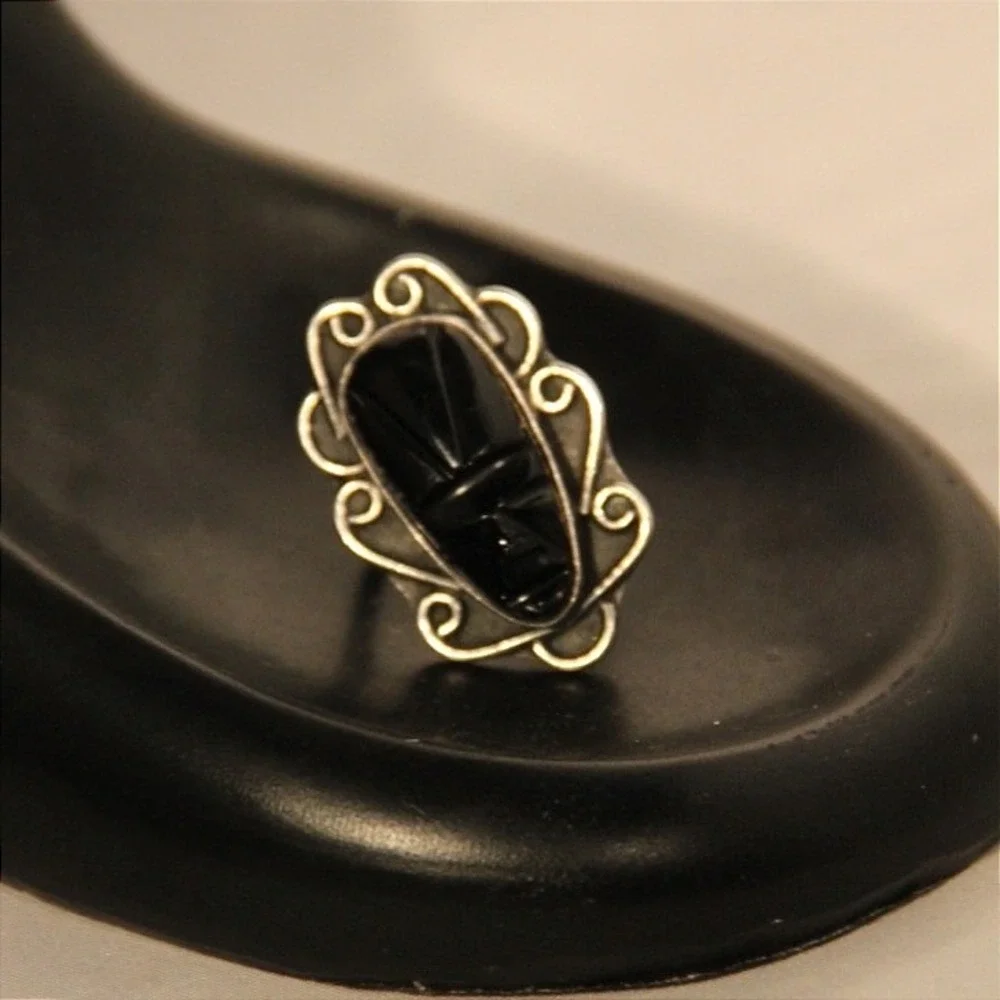 Vintage Mexico Sterling Silver Hand Carved Black‎ Onyx Scarab Ring Size 6.75